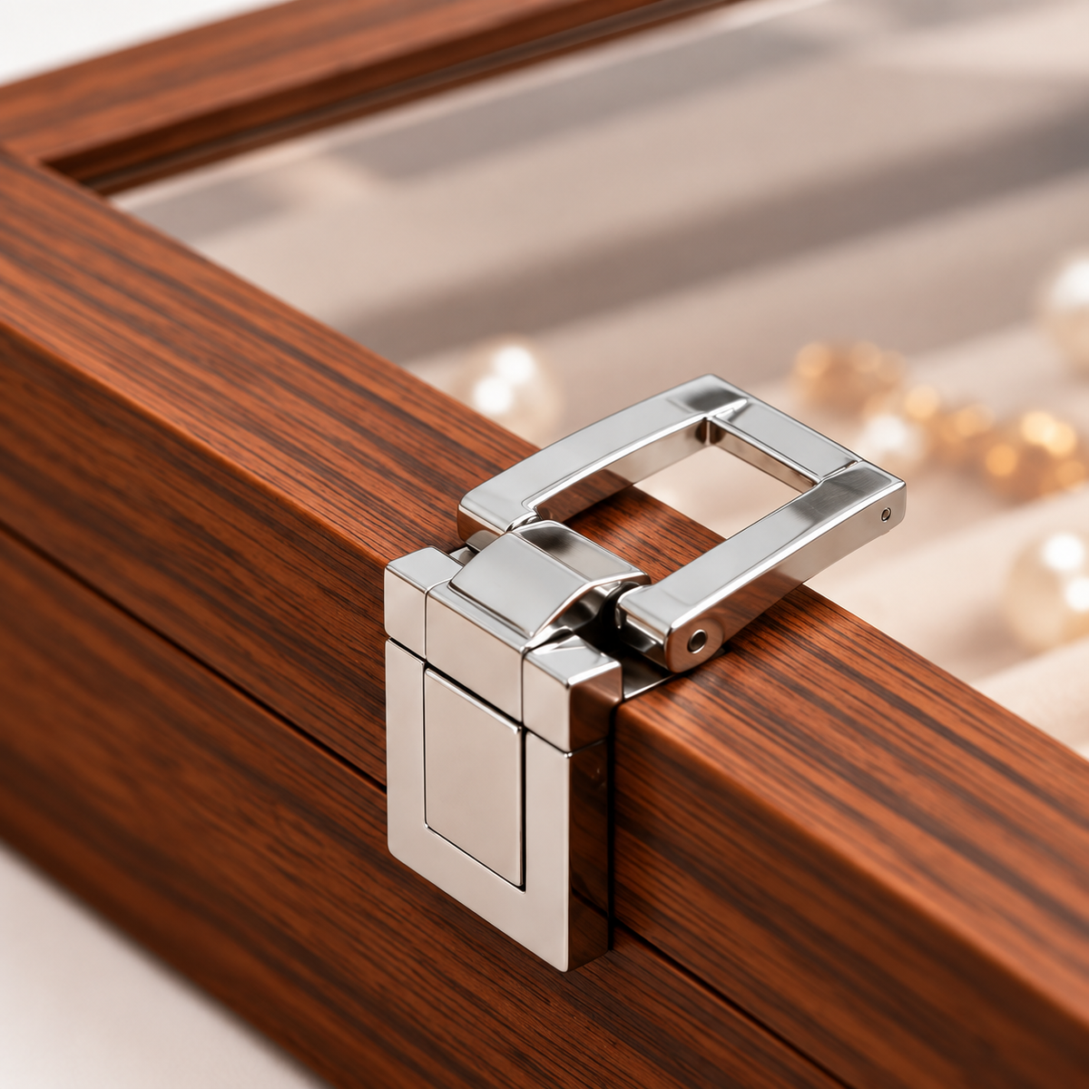 Détail du fermoir métallique d’une boîte à bijoux en bois