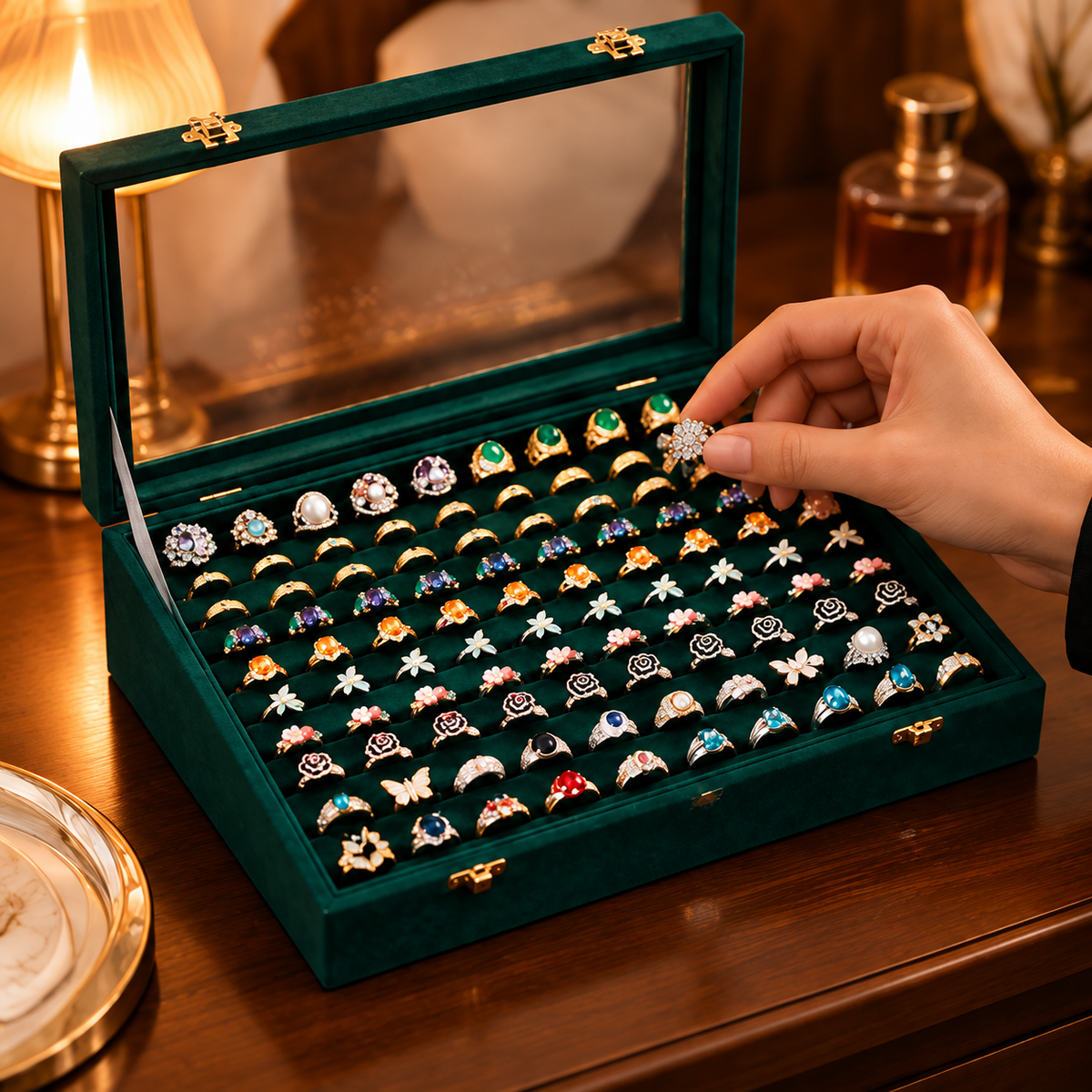 Placement d’une bague dans un coffret de rangement à plusieurs rangées