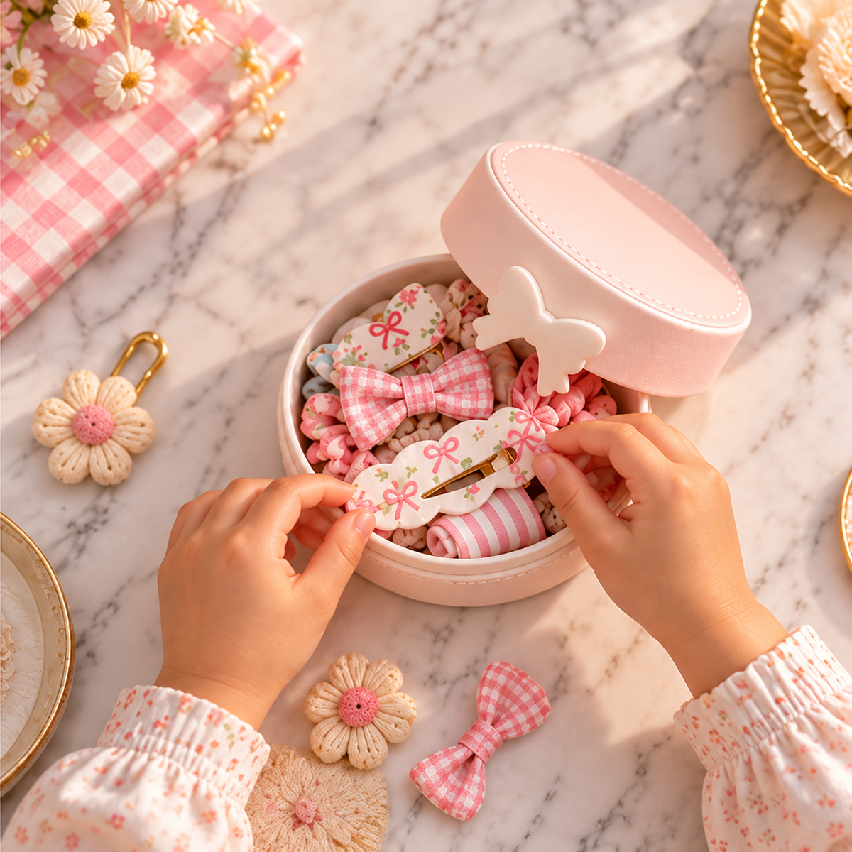 Rangement d’accessoires dans une boîte à bijoux ronde rose et blanche