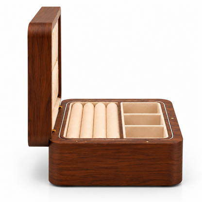Boîte à bijoux en bois vue de côté avec intérieur compartimenté