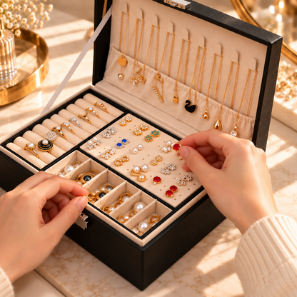 Rangement de bagues et boucles d’oreilles dans un coffret à bijoux