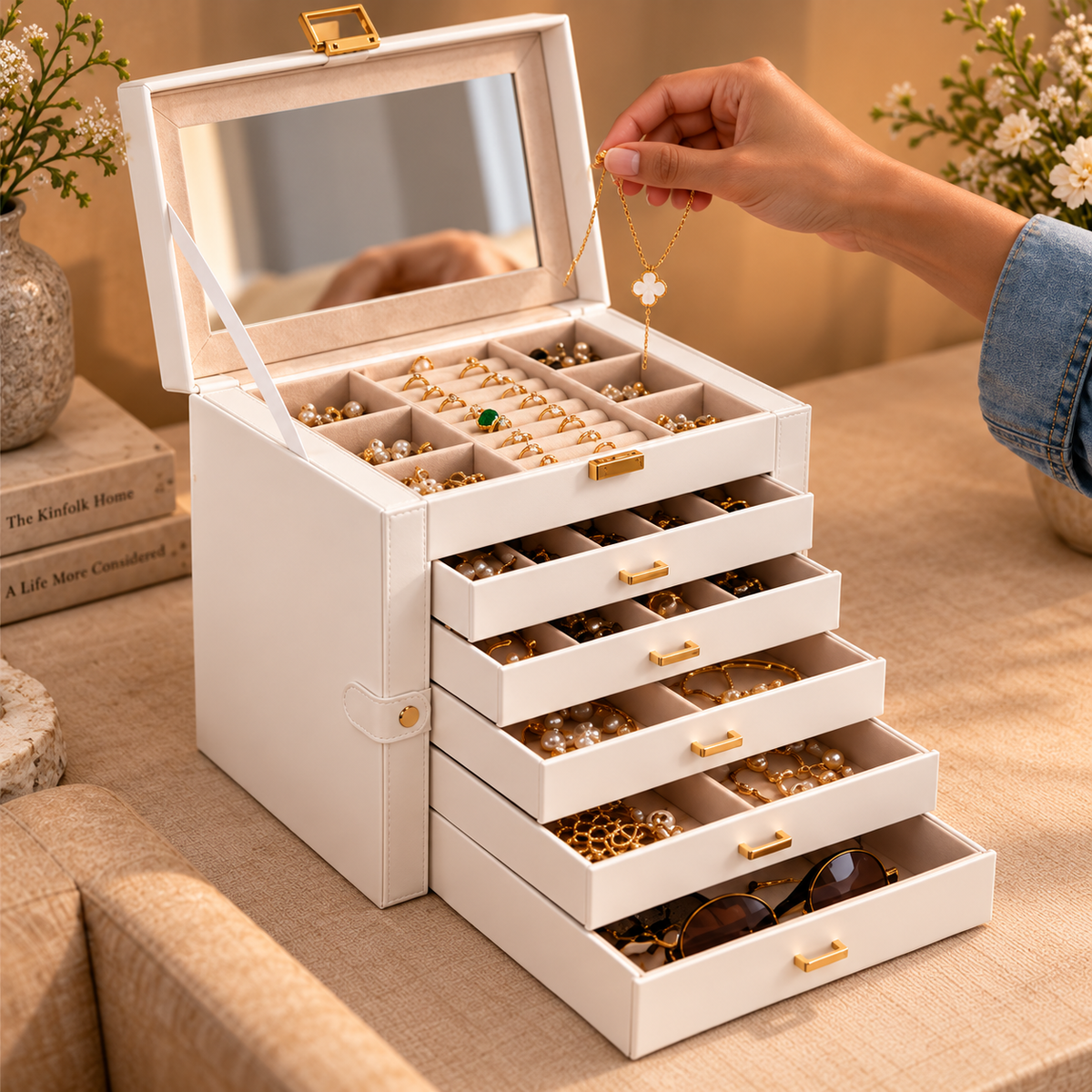 . Organisation des bijoux dans une boîte blanche à plusieurs tiroirs