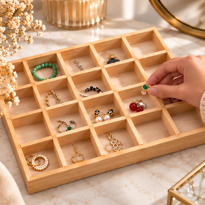 Organisation de petits bijoux dans un plateau compartimenté en bois