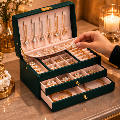 Organisation de bagues et accessoires dans les compartiments d’un coffret à bijoux