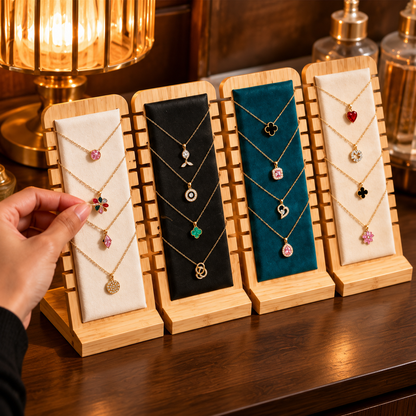 Organisation de pendentifs sur des supports à colliers en bois