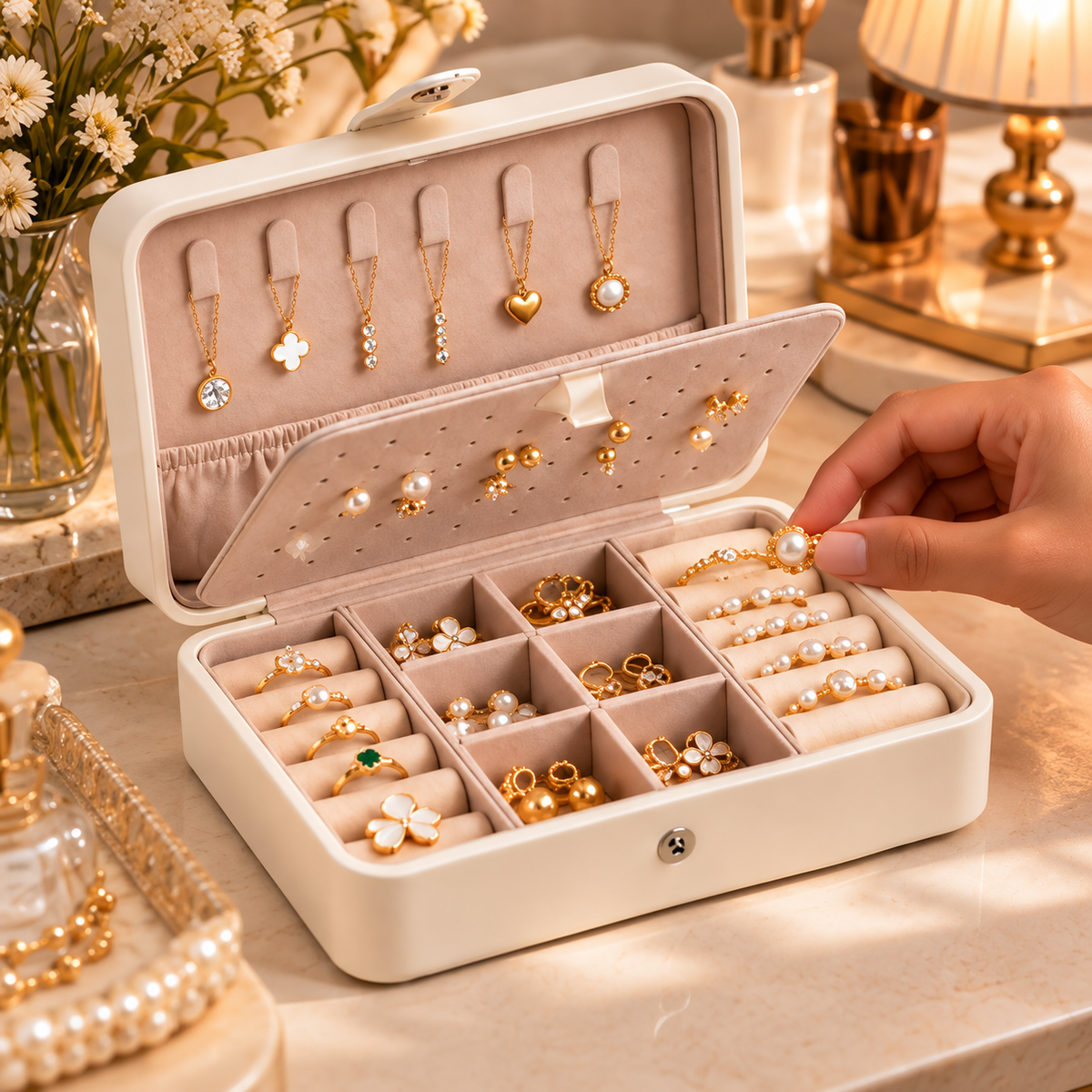 Rangement d’un collier dans une grande boîte à bijoux blanche