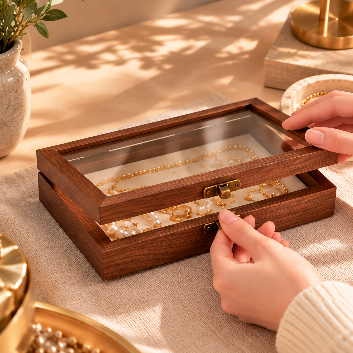 Ouverture d’une boîte à bijoux en bois à couvercle transparent
