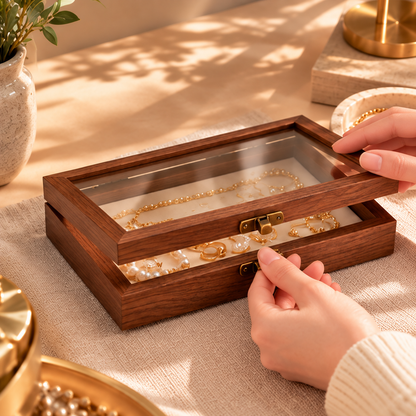 Ouverture d’une boîte à bijoux en bois à couvercle transparent