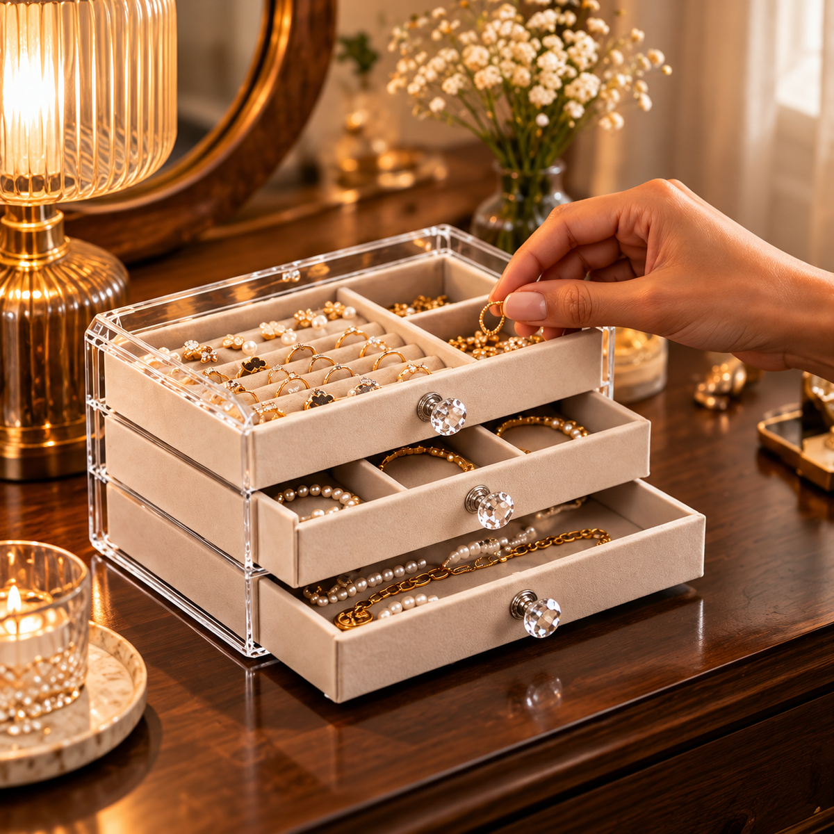 9. Organisation d’une collection de bijoux dans une boîte transparente à trois tiroirs