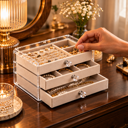 9. Organisation d’une collection de bijoux dans une boîte transparente à trois tiroirs