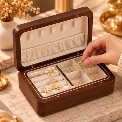 Organisation de bagues et colliers dans une boîte à bijoux en bois