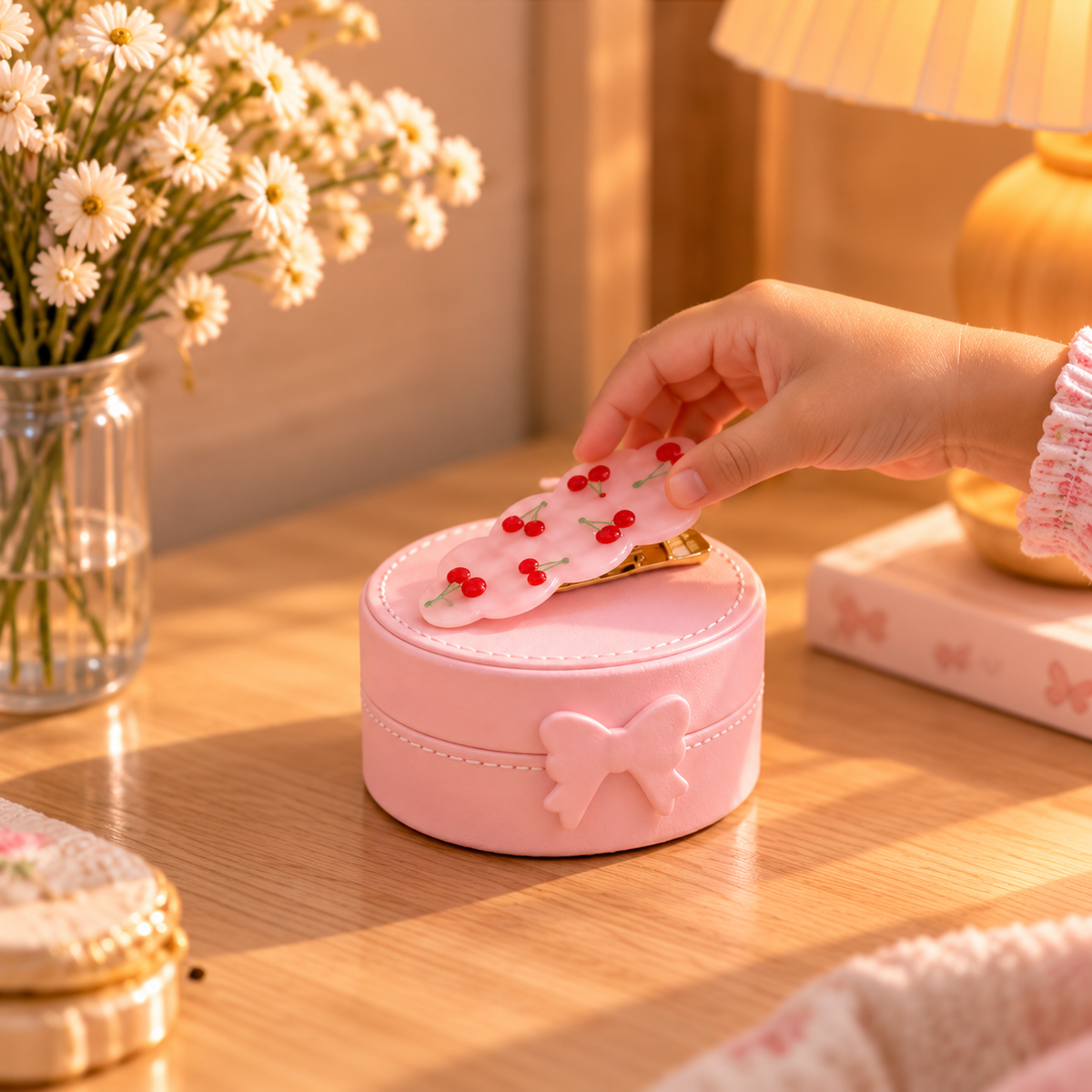 Ouverture d’une boîte à bijoux enfant rose sur une table