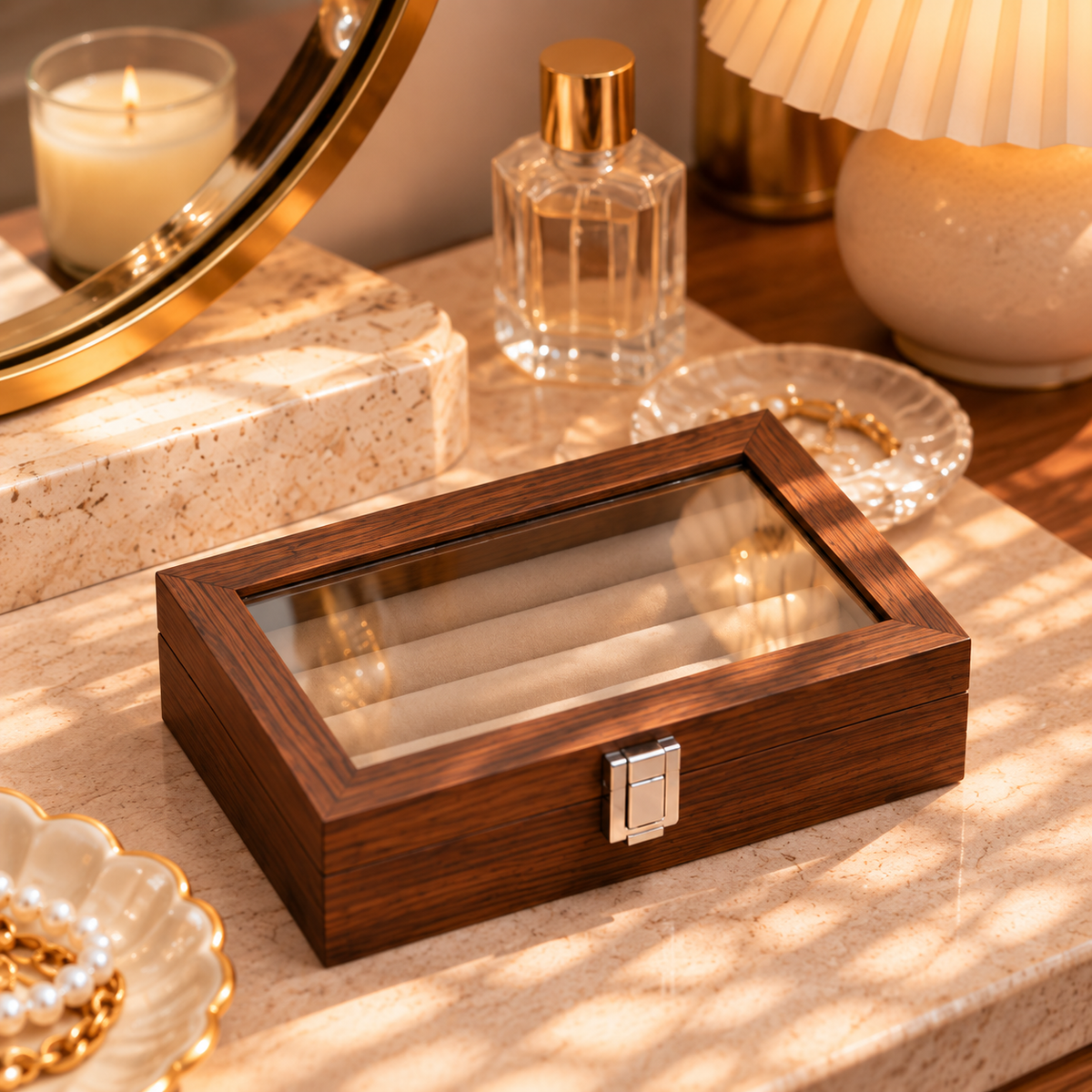 Boîte à bijoux en bois fermée avec couvercle vitré et fermoir métallique