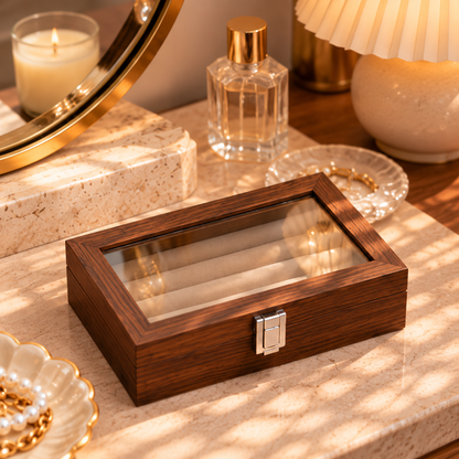 Boîte à bijoux en bois fermée avec couvercle vitré et fermoir métallique