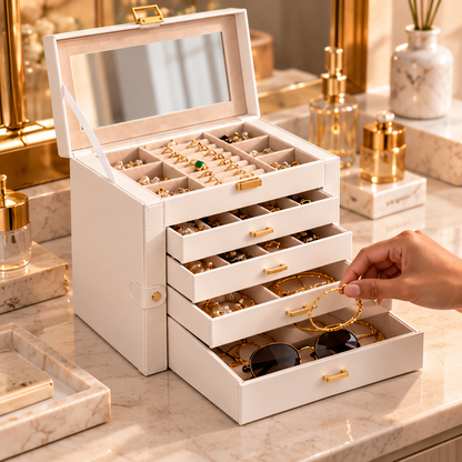 Rangement de bijoux dans les tiroirs d’une boîte blanche avec miroir