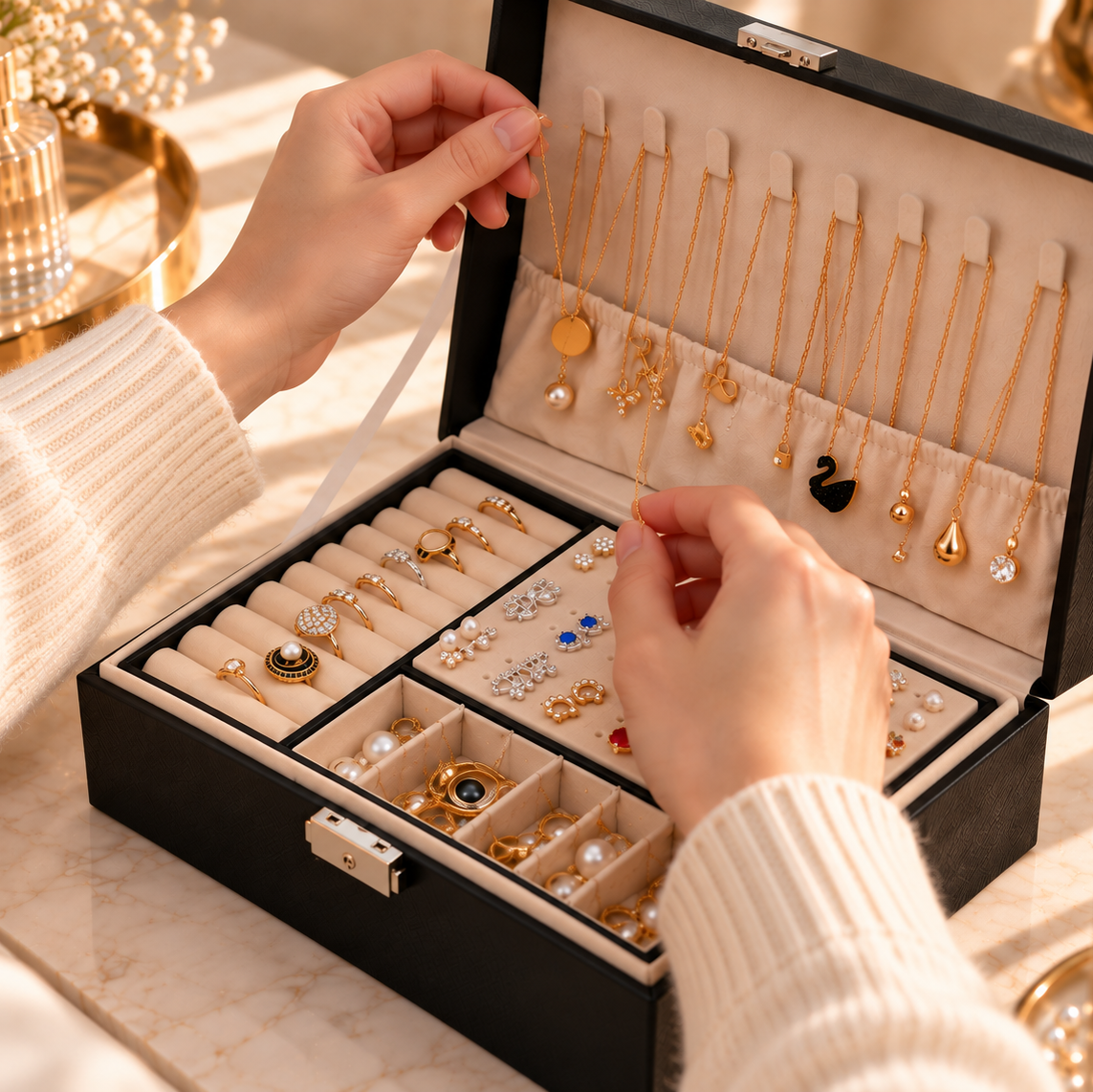 1. Suspension de colliers dans un coffret à bijoux noir ouvert