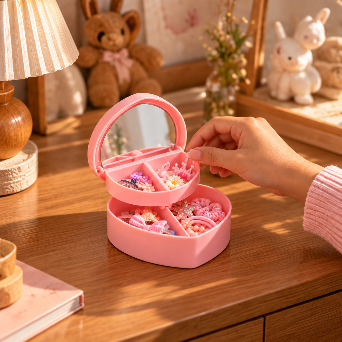 Organisation d’accessoires dans une boîte à bijoux enfant rose