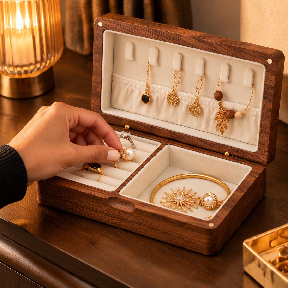 Organisation de bagues dans un coffret en bois compartimenté