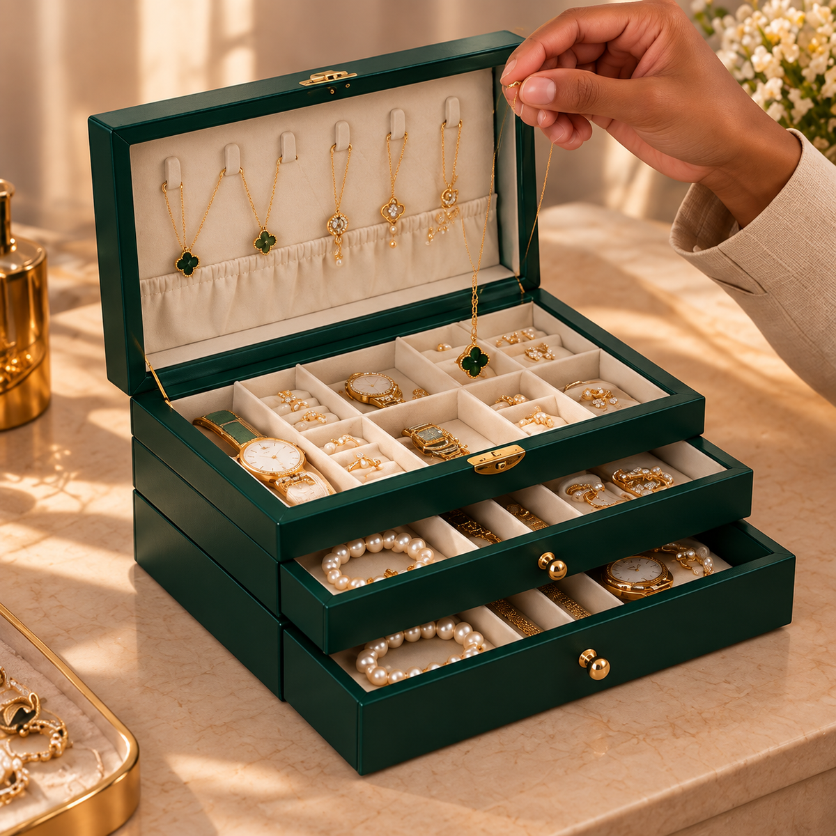 Ouverture d’une grande boîte à bijoux avec rangements pour colliers