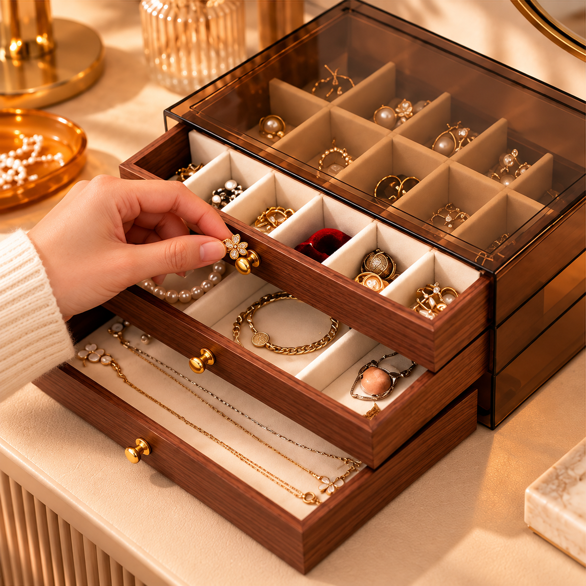 Organisation de bagues dans une grande boîte à bijoux à tiroirs