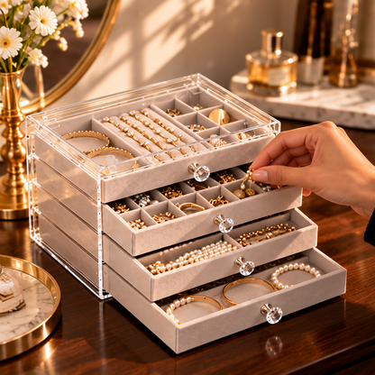 Rangement de bijoux dans les différents tiroirs d’un coffret transparent