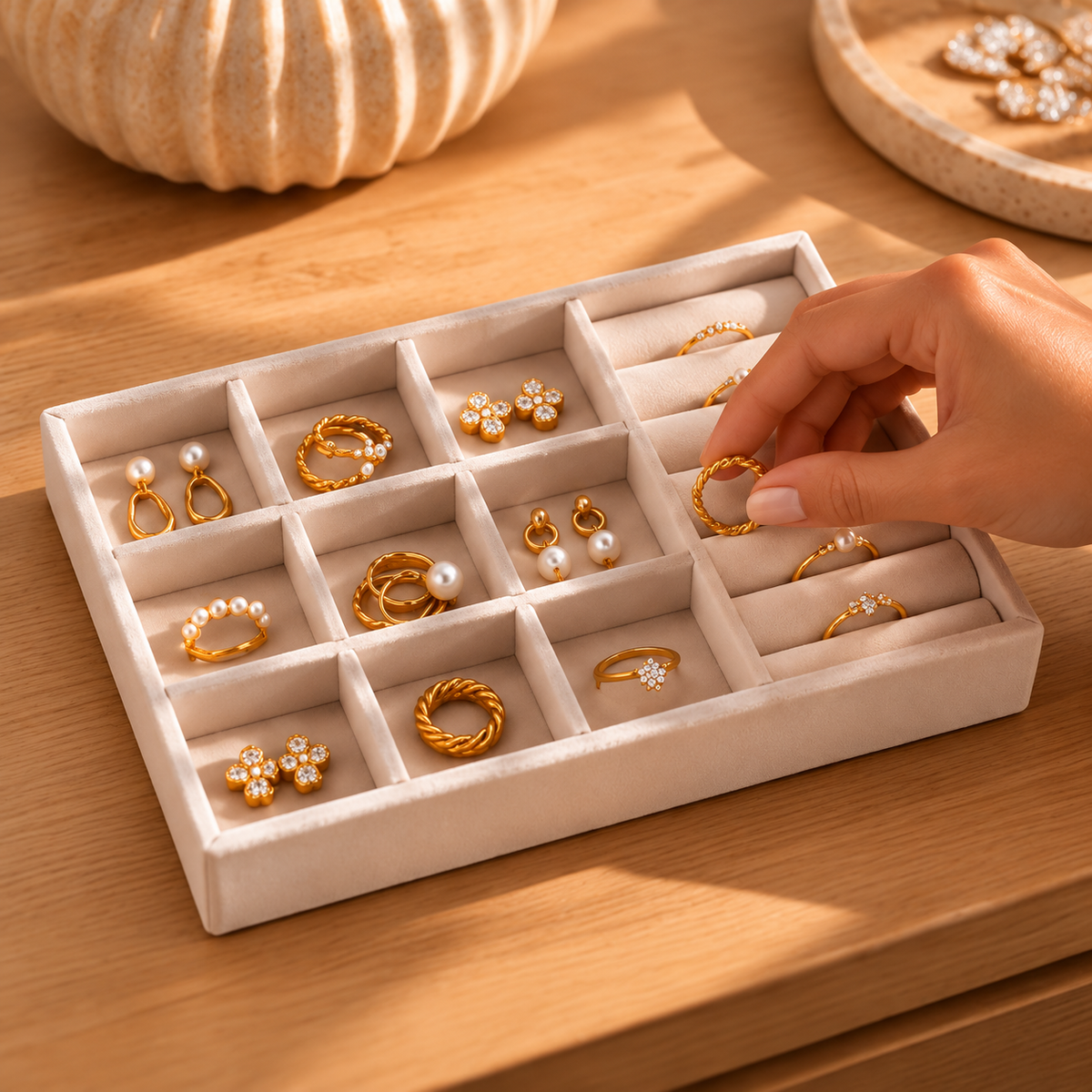 Rangement d’une bague dans un organisateur de bijoux compartimenté