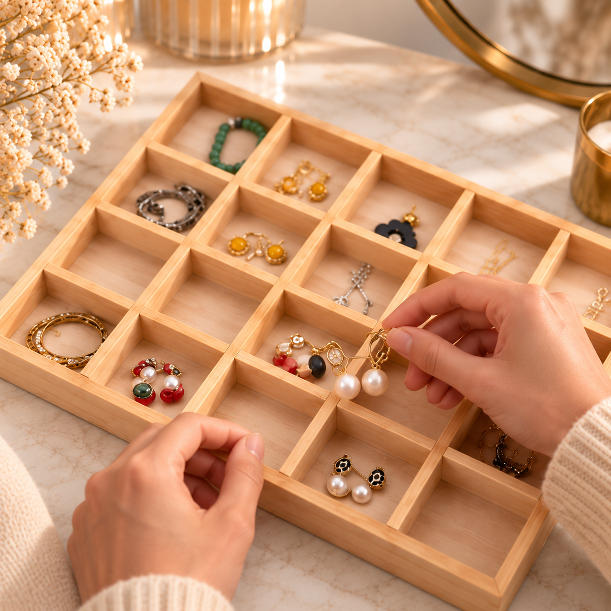Rangement de bijoux dans un plateau en bois à compartiments