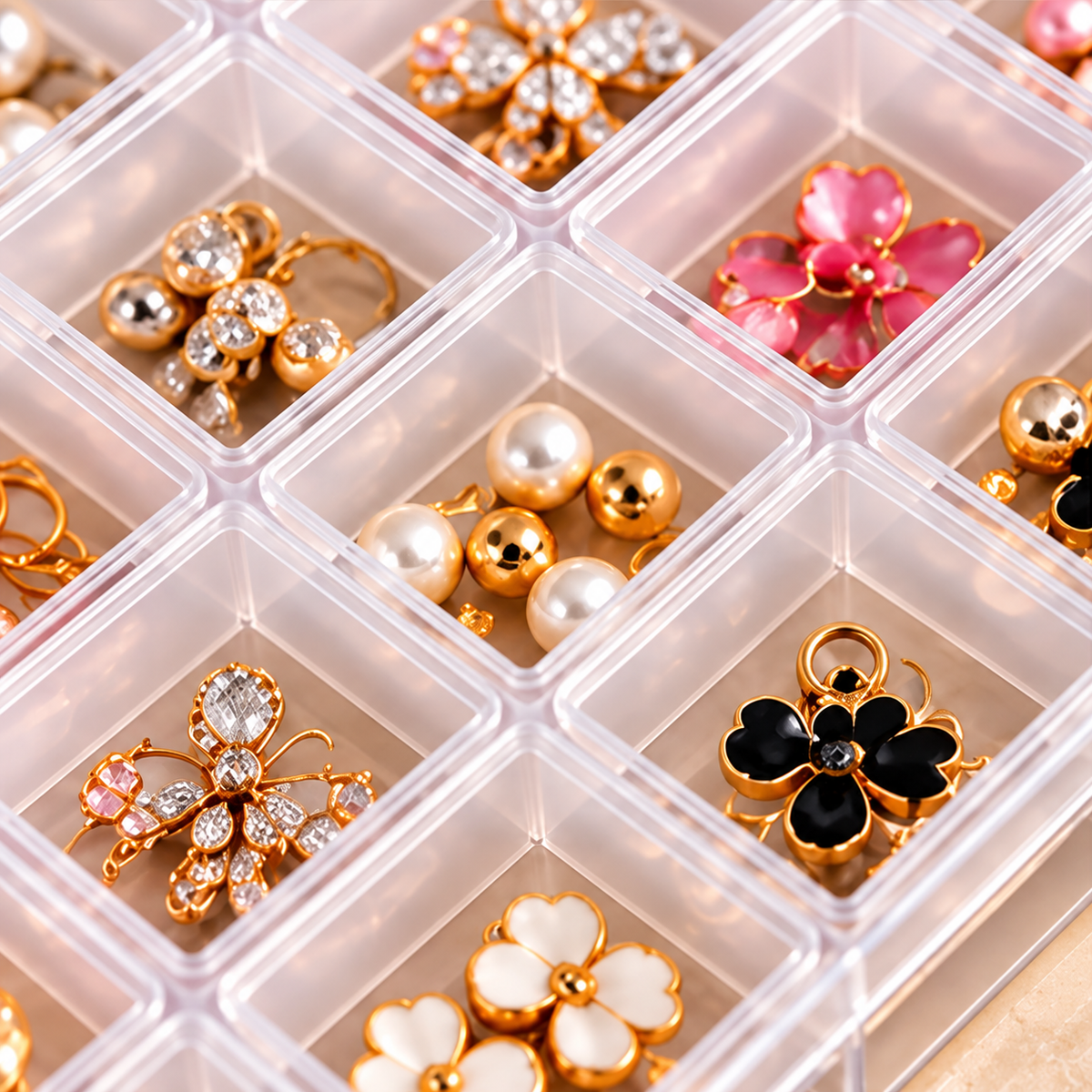 Vue rapprochée des compartiments transparents remplis de bijoux