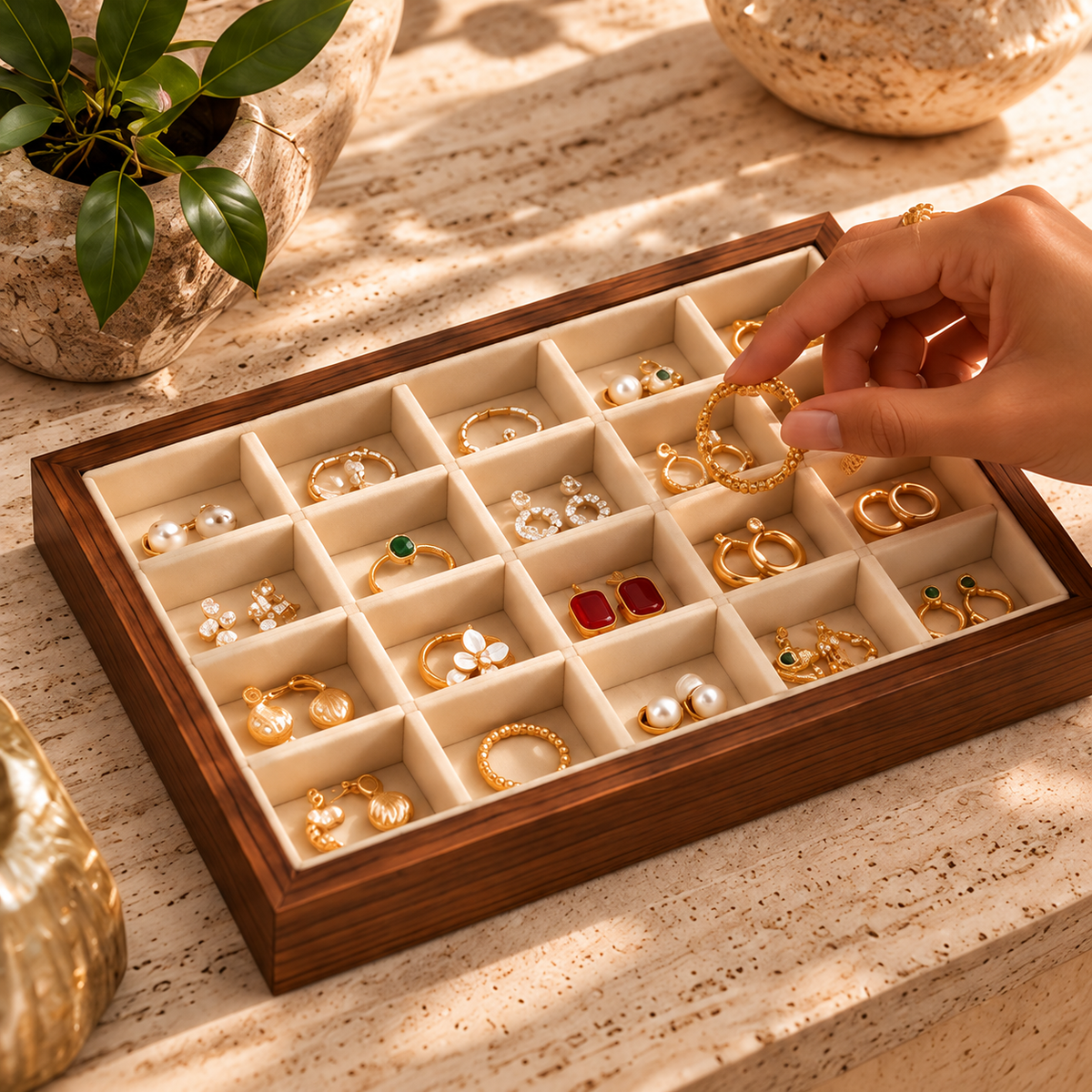 Rangement de bijoux dans un plateau compartimenté en bois
