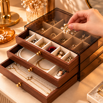 Rangement de bijoux dans les compartiments supérieurs de la boîte
