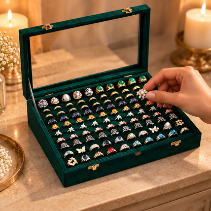Organisation d’une collection de bagues dans un grand coffret vert