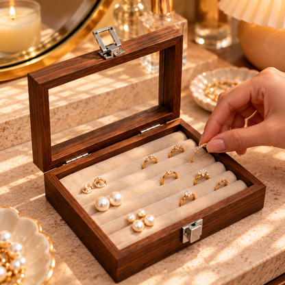 Rangement de bagues dans une boîte à bijoux avec couvercle transparent
