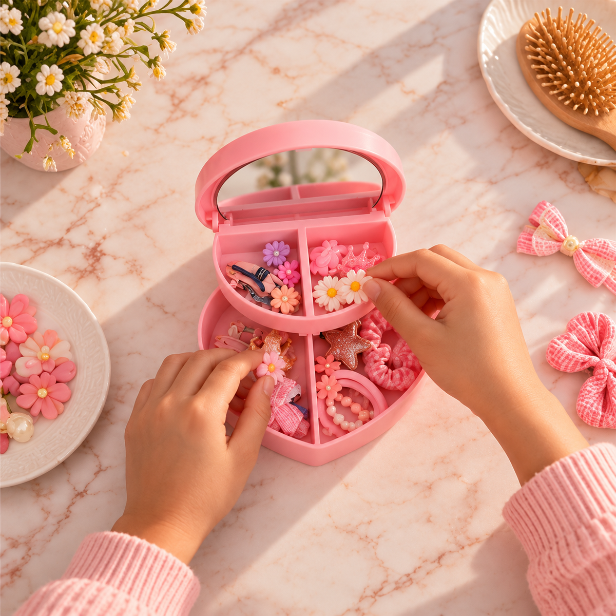 Rangement de bijoux et accessoires dans une boîte rose en forme de cœur
