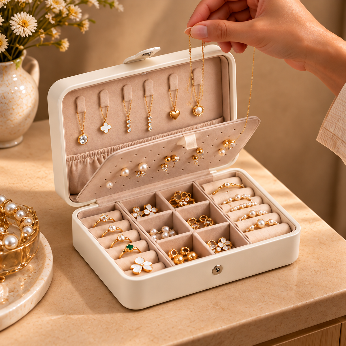 Rangement d’un collier dans une grande boîte à bijoux blanche