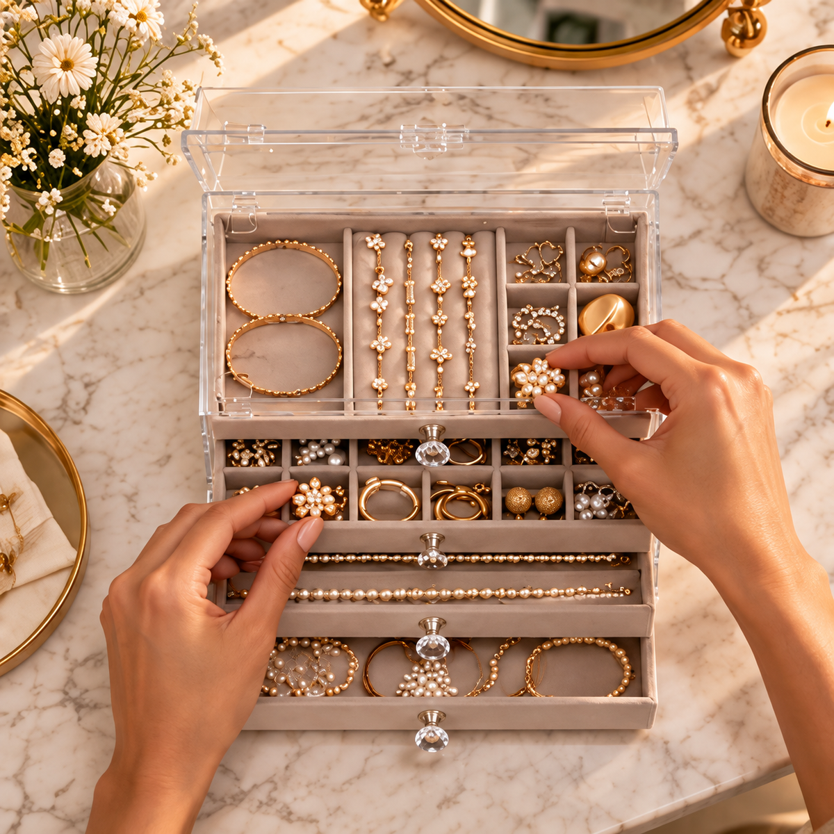 Organisation d’une collection de bijoux dans une grande boîte compartimentée