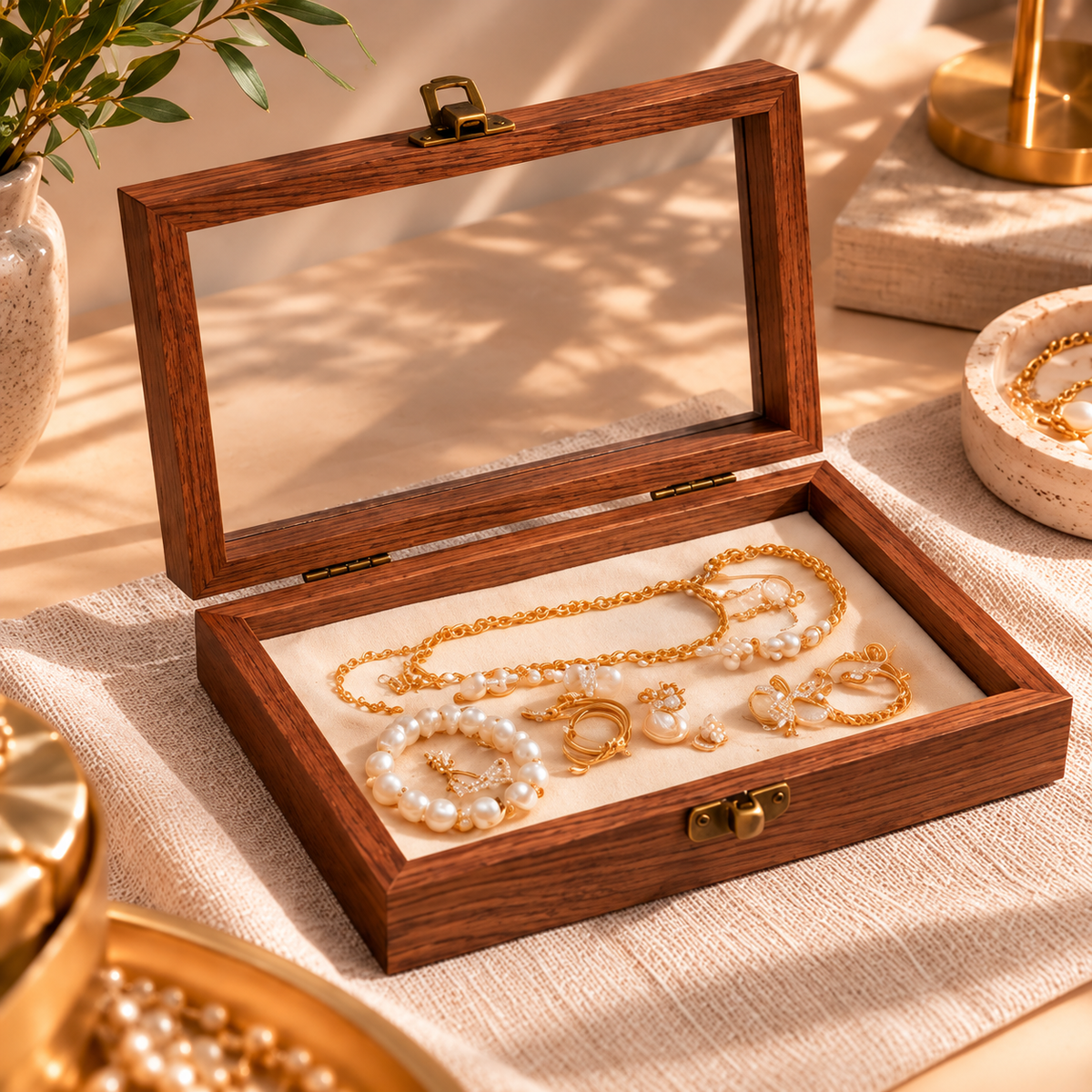 1. Bijoux disposés dans une boîte en bois avec couvercle transparent