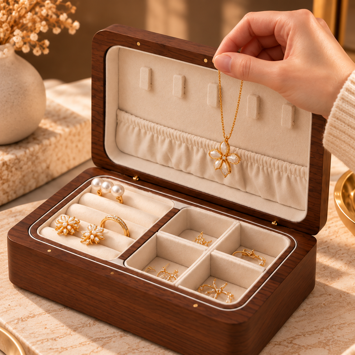 Rangement d’un collier dans une boîte à bijoux en bois ouverte