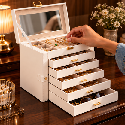Grande boîte à bijoux blanche ouverte sur une coiffeuse