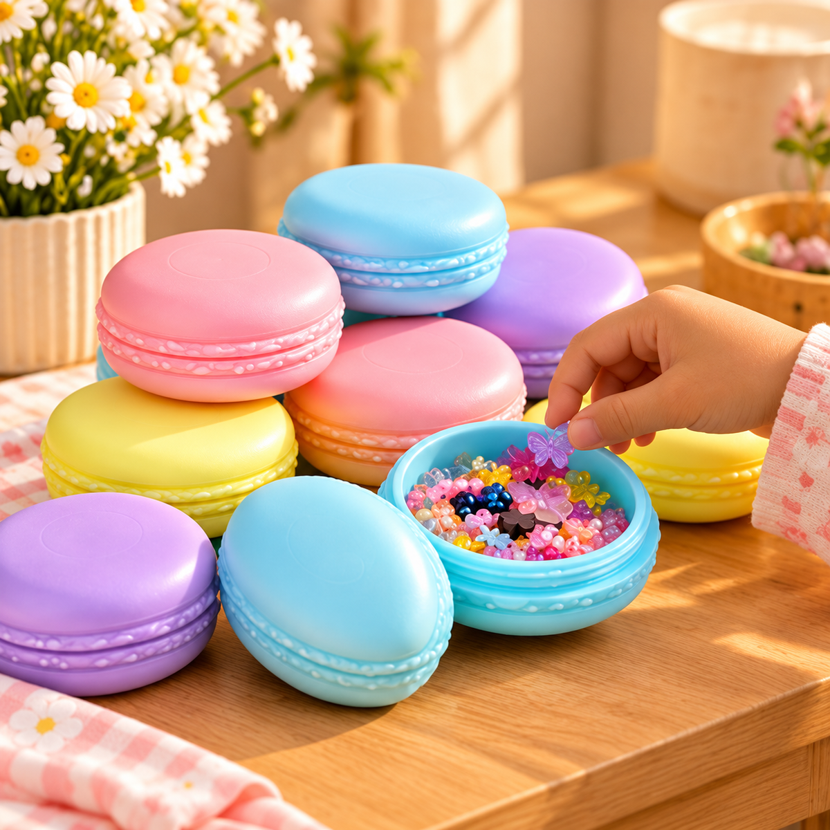 Boîtes à bijoux macarons pastel disposées sur une table