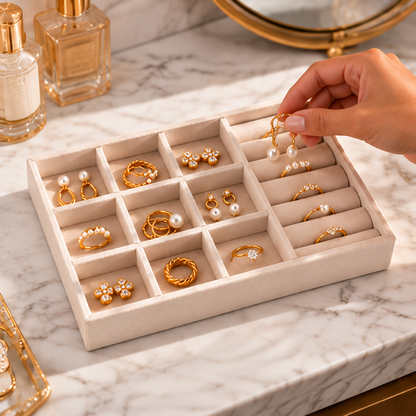 Organisation de bagues et boucles d’oreilles dans un grand plateau à bijoux