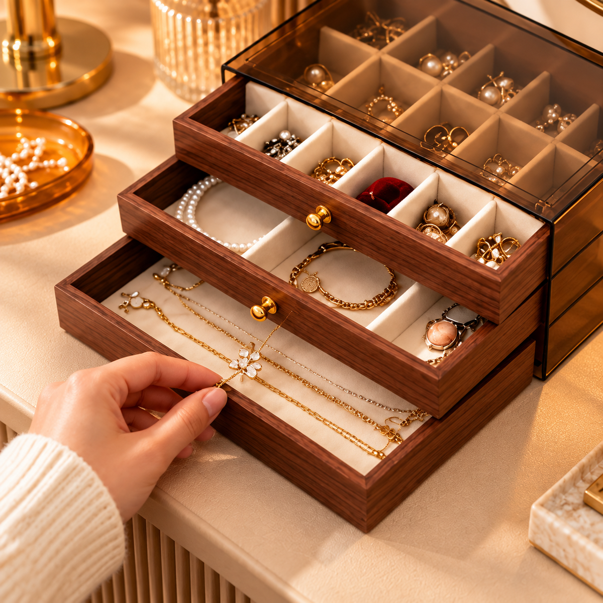 Ouverture d’un tiroir de boîte à bijoux en bois