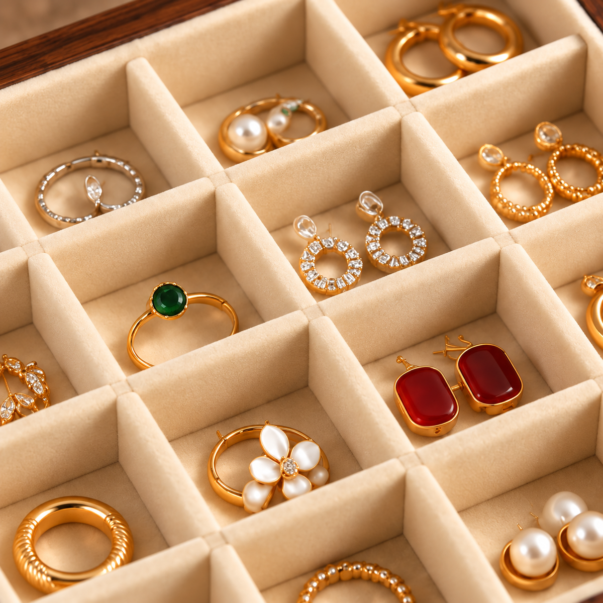 Vue rapprochée des compartiments pour bagues et petits bijoux