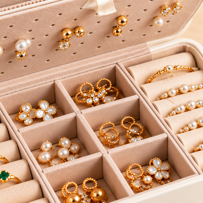Vue rapprochée des compartiments d’une boîte à bijoux blanche