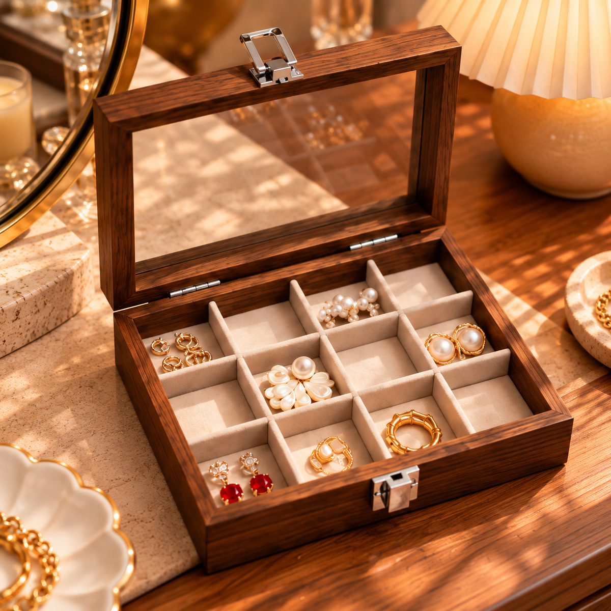 Organisation de bijoux dans une boîte en bois compartimentée