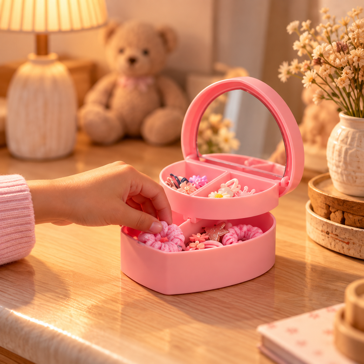 Boîte à bijoux rose ouverte sur une table dans une chambre d’enfant