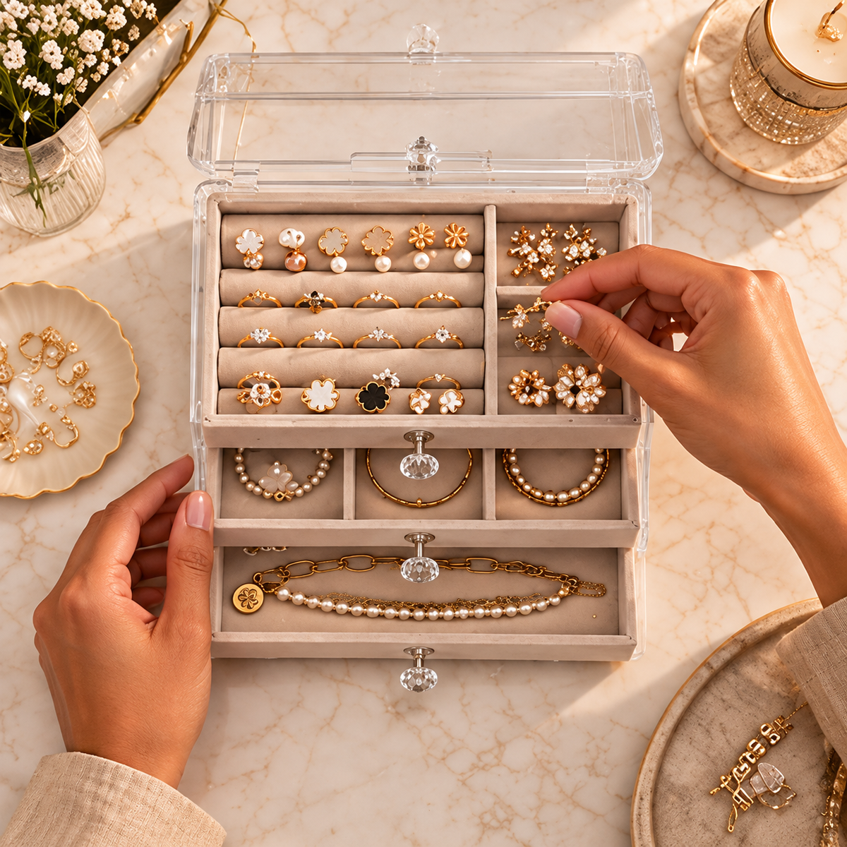 Organisation de bijoux dans une boîte transparente à plusieurs niveaux