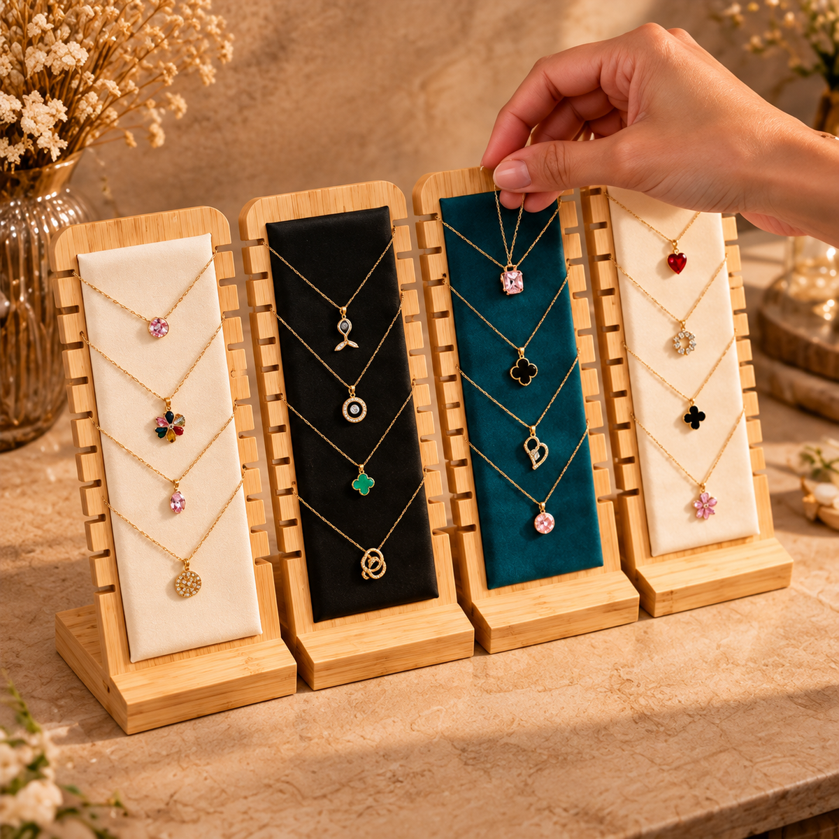  Placement d’un collier sur un présentoir à bijoux en bois