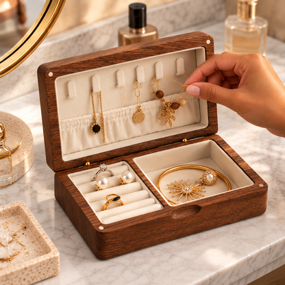 Rangement d’un pendentif dans un coffret à bijoux en bois