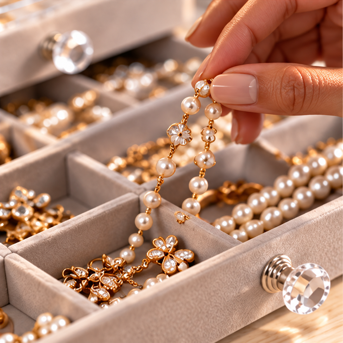 Rangement de colliers et bijoux dans un compartiment beige