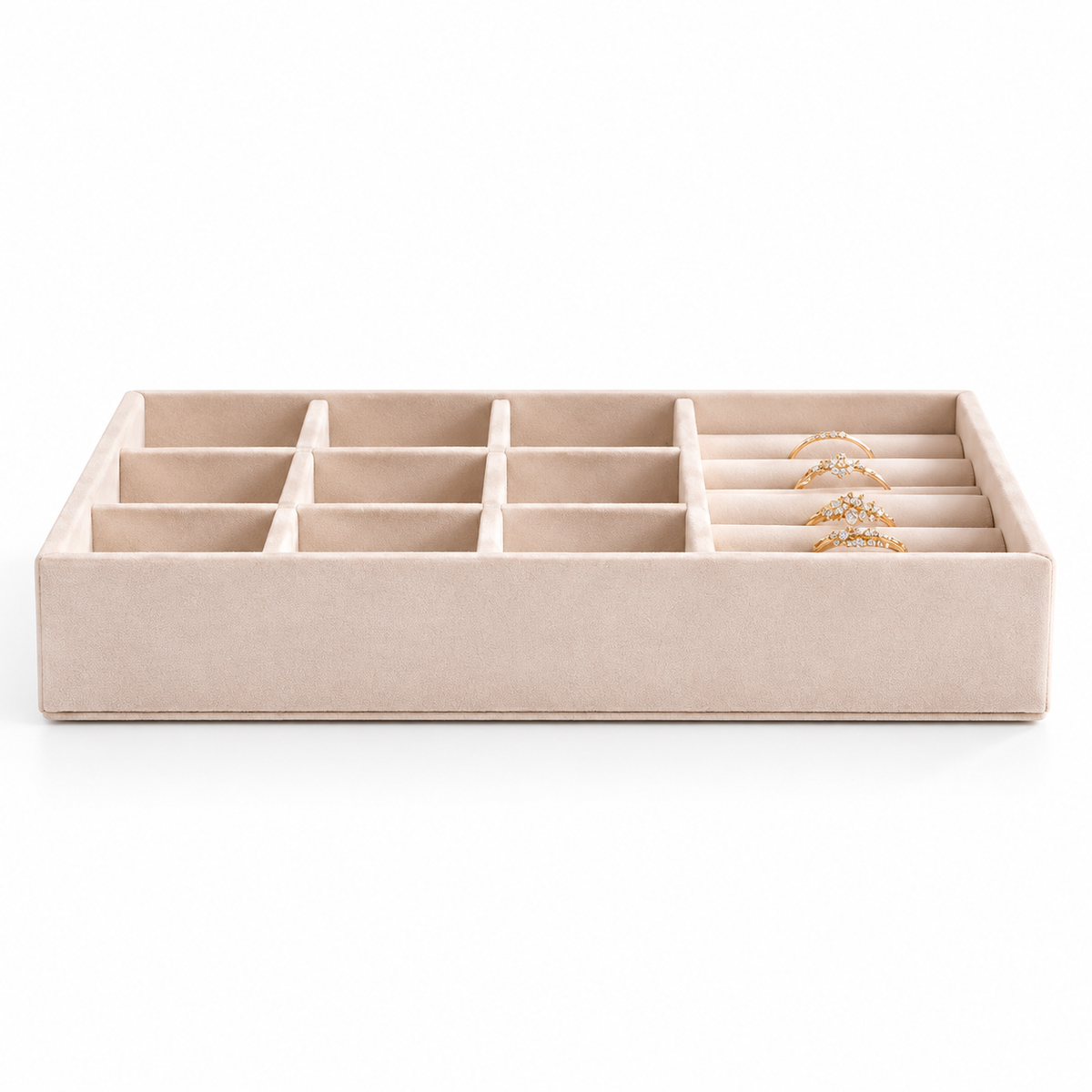 Vue latérale d’un plateau organisateur pour bijoux et bagues